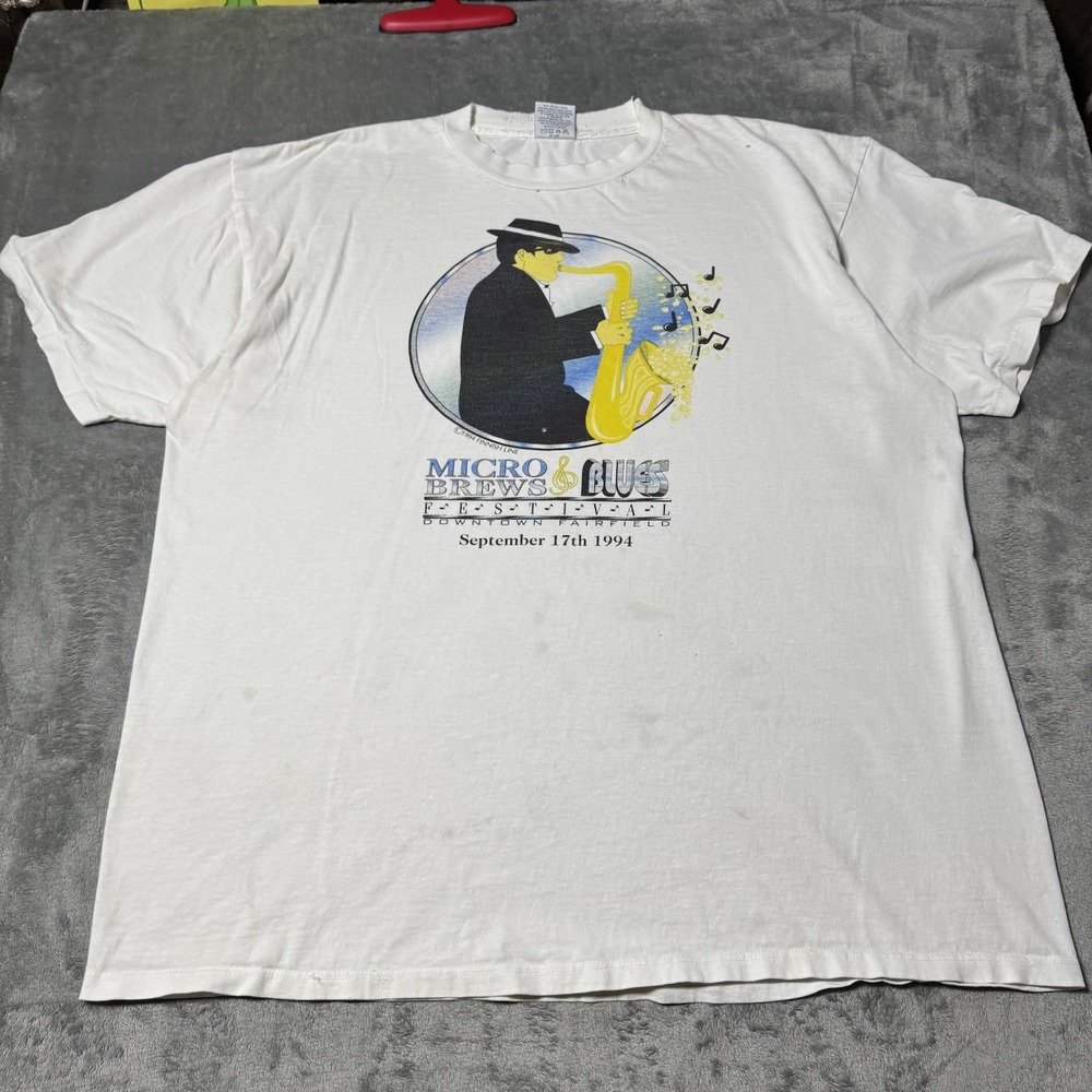 VTG 1994 90s Micro Brews & Blues‎ Jazz Tshirt *THRASHED & Distress Mens Size XXL